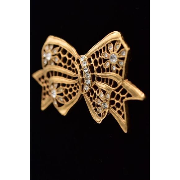 1928 Vintage Floral Bow Pin Brooch Rhinestone Crystal Antiqued Gold 1980s BinBP - Picture 3 of 12